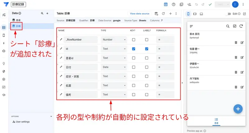 シート「診療」が追加され、データの構造が右に表示される