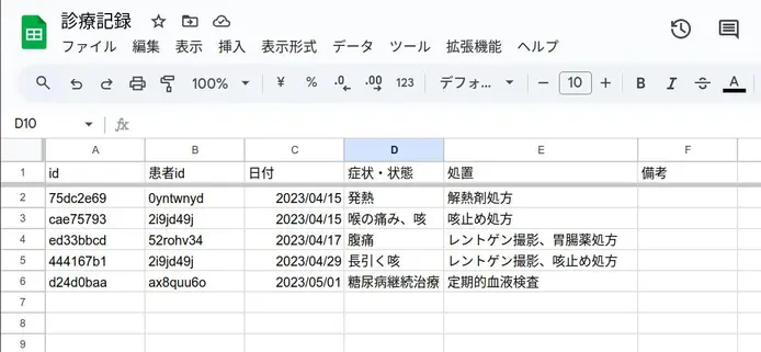 シート「診療」の「スタッフ」はシート「診療-スタッフ」を参照することによりアプリの画面に表示するため削除